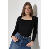 Kare Yaka Uzun Kollu Altı Külotlu ve Çıt Çıtlı Kadın Atlet - T-Shirt 21940 SİYAH