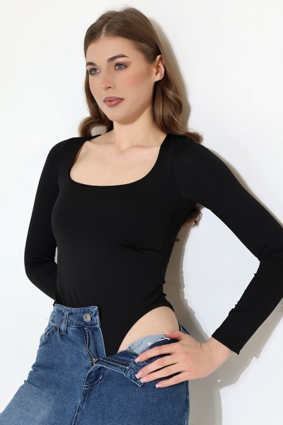 Kare Yaka Uzun Kollu Altı Külotlu ve Çıt Çıtlı Kadın Atlet - T-Shirt 21940 SİYAH