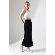 Belden Dar Kesim Diz Altı Tek Yırtmaçlı Uzun Kadın Etek 21921 SİYAH