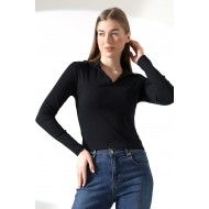 Düğmesiz Gömlek Yaka Uzun Kol Basic Kadın T-Shirt 21938 SİYAH