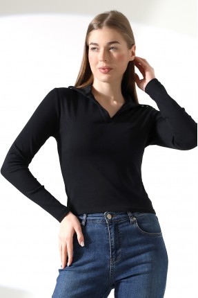 Düğmesiz Gömlek Yaka Uzun Kol Basic Kadın T-Shirt 21938 SİYAH