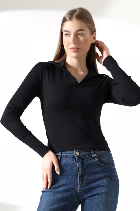 Düğmesiz Gömlek Yaka Uzun Kol Basic Kadın T-Shirt 21938 SİYAH