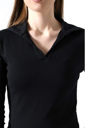 Düğmesiz Gömlek Yaka Uzun Kol Basic Kadın T-Shirt 21938 SİYAH