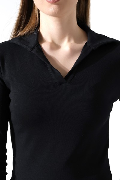 Düğmesiz Gömlek Yaka Uzun Kol Basic Kadın T-Shirt 21938 SİYAH