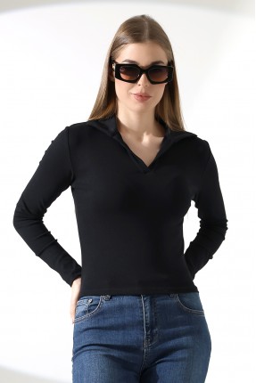 Düğmesiz Gömlek Yaka Uzun Kol Basic Kadın T-Shirt 21938 SİYAH