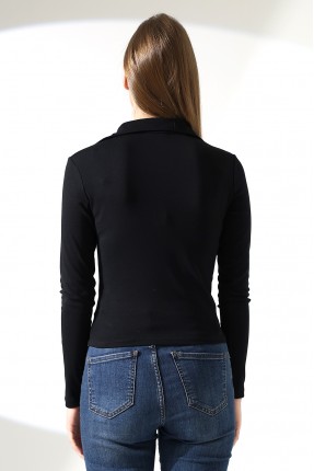 Düğmesiz Gömlek Yaka Uzun Kol Basic Kadın T-Shirt 21938 SİYAH