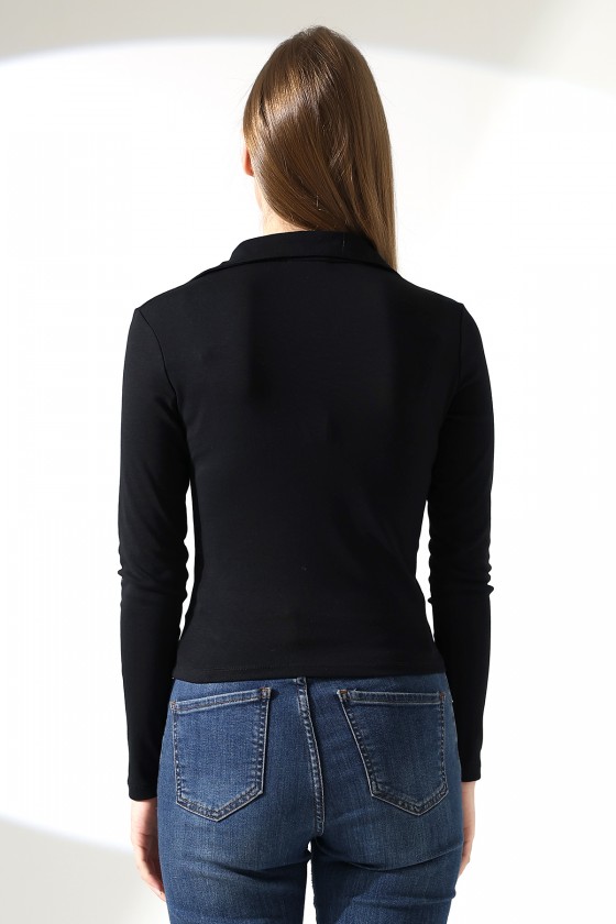 Düğmesiz Gömlek Yaka Uzun Kol Basic Kadın T-Shirt 21938 SİYAH