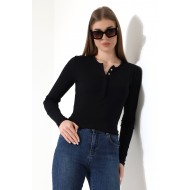 %100 Pamuk Çıt Çıtlı Yaka Slim Fit Basic Düz Ribana Uzun Kollu T-Shirt 21947 SİYAH