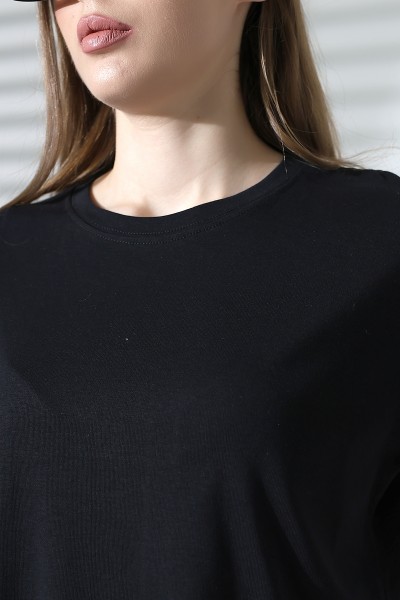 %100 Pamuk Ribana Kumaş Bisiklet Yaka Kısa Kol Oversize Basic Düz Kadın T-Shirt 21964 SİYAH