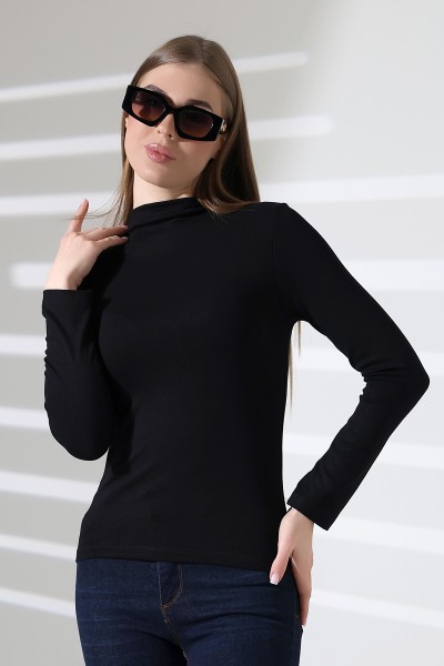 Uzun Kol Dik Yaka Basic Kadın Body T-Shirt 21950 SİYAH