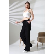 Elastik Yüksek Belli Desenli Kumaş Kadın Salaş Pantolon 21959 SİYAH