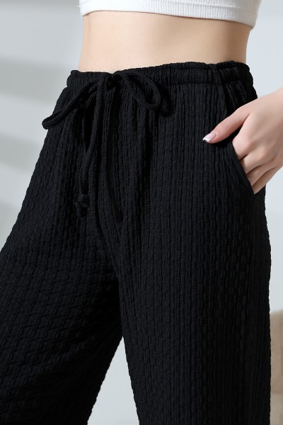 Elastik Yüksek Belli Desenli Kumaş Kadın Salaş Pantolon 21959 SİYAH