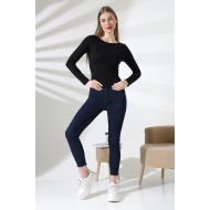 Uzun Kollu Kayık Yaka Vücudu Saran Basic Kadın Body T-Shirt 21897 SİYAH