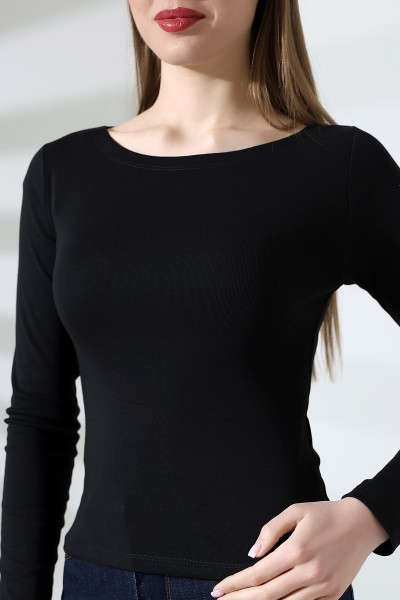 Uzun Kollu Kayık Yaka Vücudu Saran Basic Kadın Body T-Shirt 21897 SİYAH