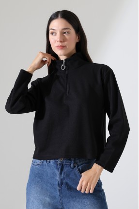 Selanik Fermuarlı Gömlek Yaka Basic Kadın Sweatshirt 21986 SİYAH