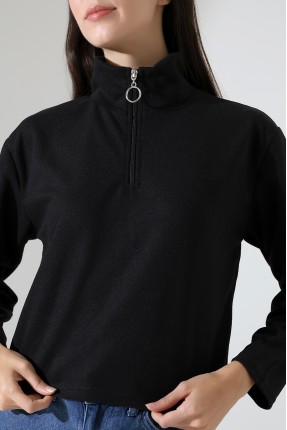 Selanik Fermuarlı Gömlek Yaka Basic Kadın Sweatshirt 21986 SİYAH