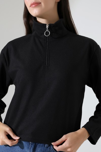 Relax Rahat Kesim Yarım Fermuarlı Dik Yaka Basic Kadın Selanik Kumaş Sweatshirt 21986 SİYAH