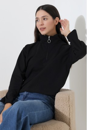 Selanik Fermuarlı Gömlek Yaka Basic Kadın Sweatshirt 21986 SİYAH