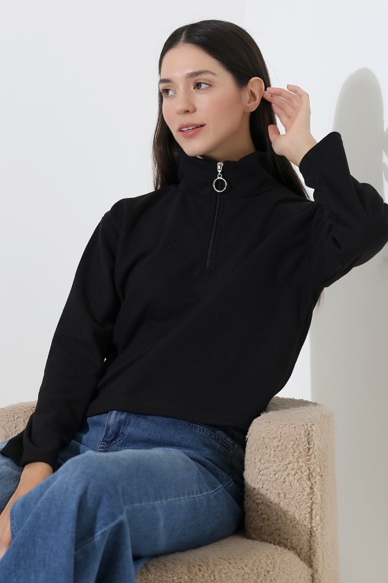 Selanik Fermuarlı Gömlek Yaka Basic Kadın Sweatshirt 21986 SİYAH