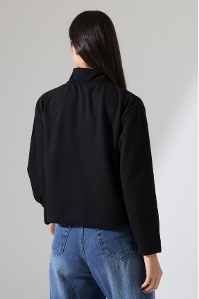 Selanik Fermuarlı Gömlek Yaka Basic Kadın Sweatshirt 21986 SİYAH