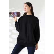 Yarım Balıkçı Yaka Oversize Geniş Kesim Pamuklu Yumuşak Dokulu Basic Kadın Tunik Sweatshirt 21910 SİYAH
