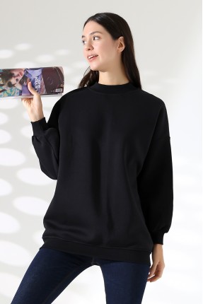 Yarım Balıkçı Yaka Şardonlu Salaş Basic Kadın Oversize Tunik Sweatshirt 21910 SİYAH