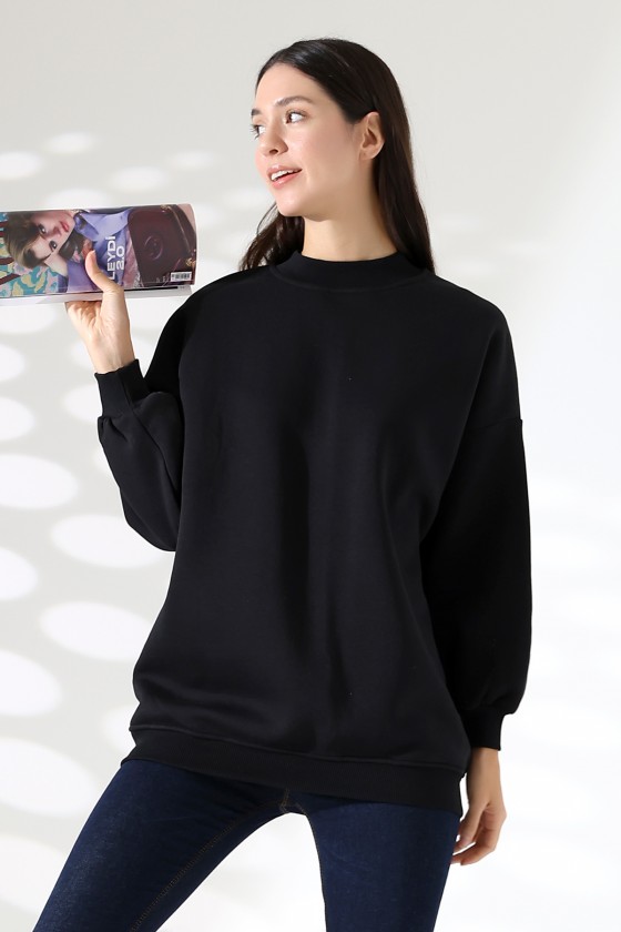 Yarım Balıkçı Yaka Şardonlu Salaş Basic Kadın Oversize Tunik Sweatshirt 21910 SİYAH