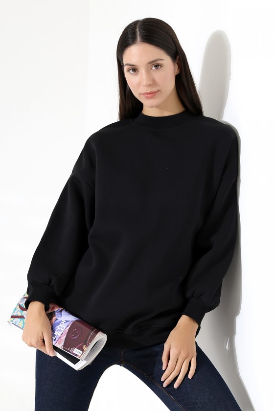 Yarım Balıkçı Yaka Şardonlu Salaş Basic Kadın Oversize Tunik Sweatshirt 21910 SİYAH
