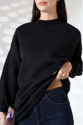 Yarım Balıkçı Yaka Şardonlu Salaş Basic Kadın Oversize Tunik Sweatshirt 21910 SİYAH