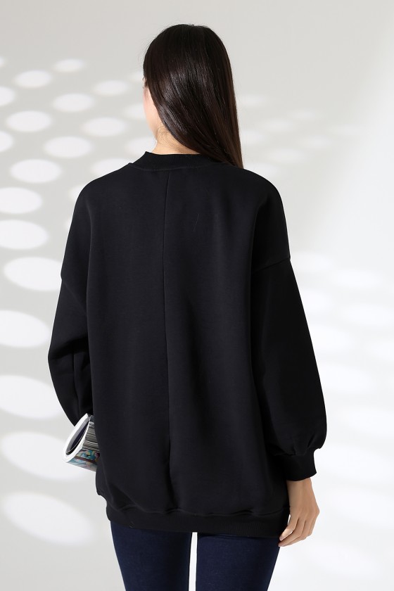Yarım Balıkçı Yaka Şardonlu Salaş Basic Kadın Oversize Tunik Sweatshirt 21910 SİYAH