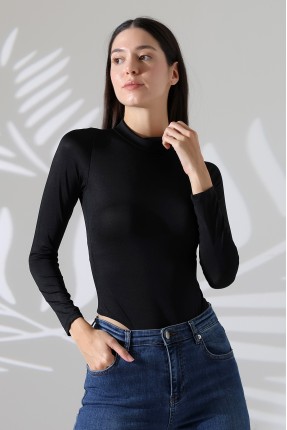 Mikro Yarım Balıkçı Yaka Uzun Kol Altı Külotlu ve Çıt Çıtlı Basic Kadın Bodysuit 21942 SİYAH