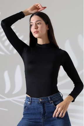 Mikro Yarım Balıkçı Yaka Uzun Kol Altı Külotlu ve Çıt Çıtlı Basic Kadın Bodysuit 21942 SİYAH