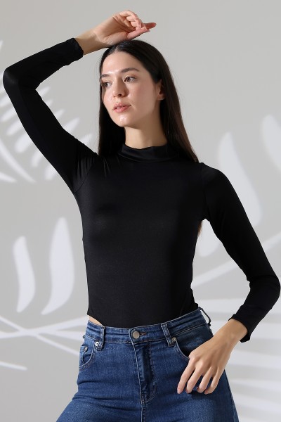 Mikro Yarım Balıkçı Yaka Uzun Kol Altı Külotlu ve Çıt Çıtlı Basic Kadın Bodysuit 21942 SİYAH