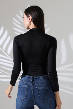 Mikro Yarım Balıkçı Yaka Uzun Kol Altı Külotlu ve Çıt Çıtlı Basic Kadın Bodysuit 21942 SİYAH