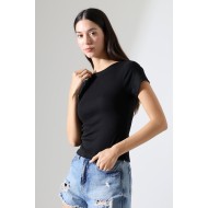 Ribana Kumaş Kayık Yaka Kısa Kol Basic Kadın T-Shirt 21996 SİYAH