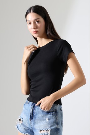 Ribana Kumaş Kayık Yaka Kısa Kol Basic Kadın T-Shirt 21996 SİYAH