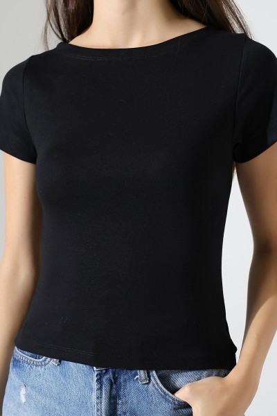 Ribana Kumaş Kayık Yaka Kısa Kol Basic Kadın T-Shirt 21996 SİYAH