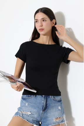 Ribana Kumaş Kayık Yaka Kısa Kol Basic Kadın T-Shirt 21996 SİYAH