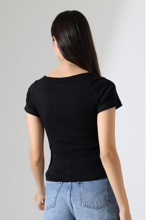 Ribana Kumaş Kayık Yaka Kısa Kol Basic Kadın T-Shirt 21996 SİYAH