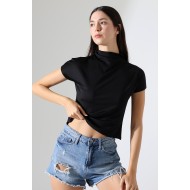 Yumuşak Dokulu Kendiliğinden Kollu Dik Yaka Basic Crop Kadın T-Shirt 22002 SİYAH