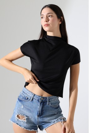 Yumuşak Dokulu Kendiliğinden Kollu Dik Yaka Basic Crop Kadın T-Shirt 22002 SİYAH