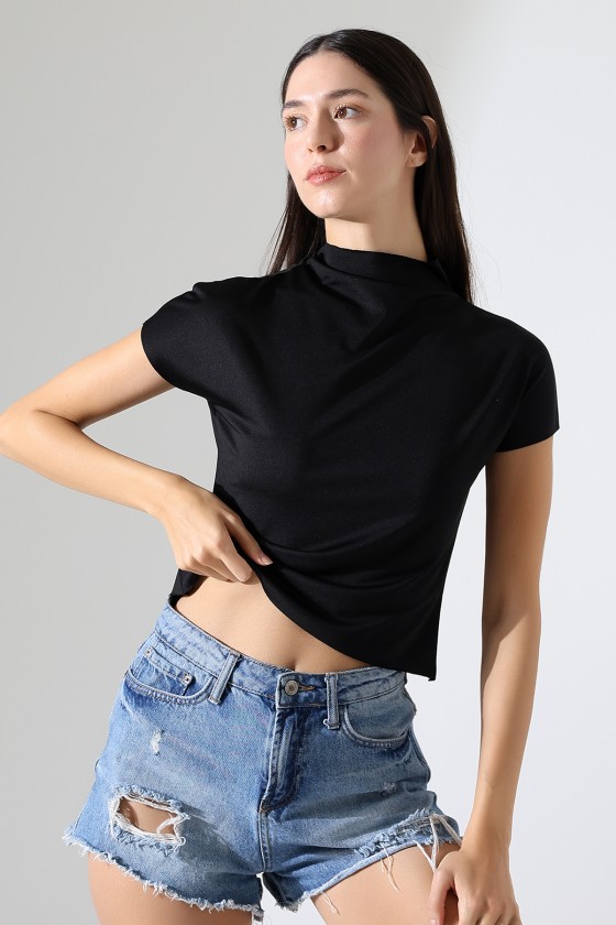 Yumuşak Dokulu Kendiliğinden Kollu Dik Yaka Basic Crop Kadın T-Shirt 22002 SİYAH