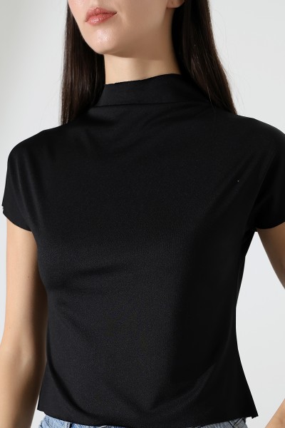 Yumuşak Dokulu Kendiliğinden Kollu Dik Yaka Basic Crop Kadın T-Shirt 22002 SİYAH