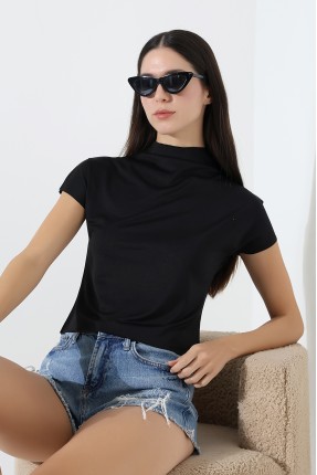 Yumuşak Dokulu Kendiliğinden Kollu Dik Yaka Basic Crop Kadın T-Shirt 22002 SİYAH