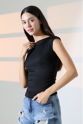 Kayık Yaka Japone Kol Büzgülü Basic Kolsuz Kadın T-Shirt 21895 SİYAH