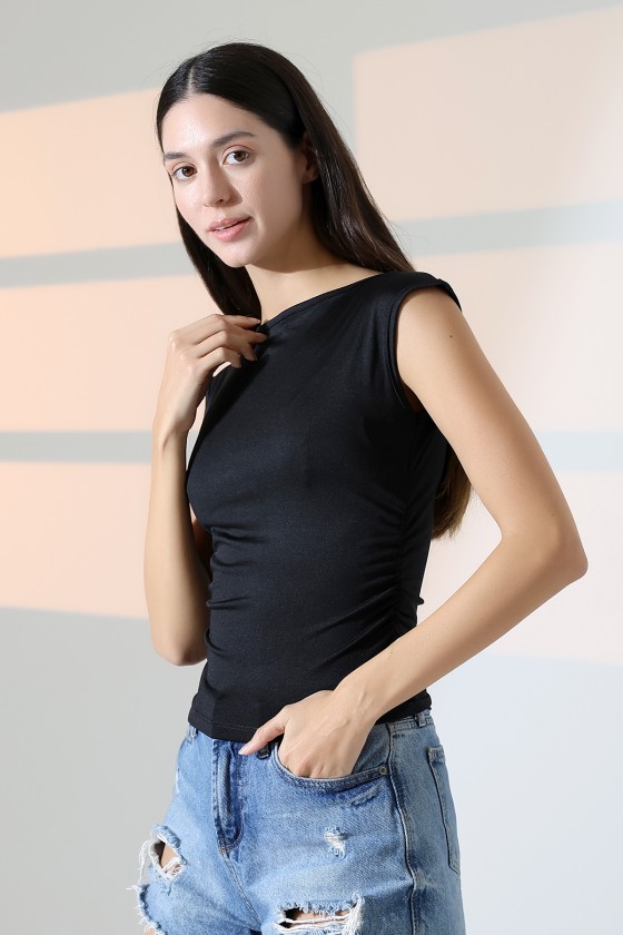 Kayık Yaka Japone Kol Büzgülü Basic Kolsuz Kadın T-Shirt 21895 SİYAH