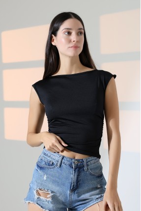 Kayık Yaka Japone Kol Büzgülü Basic Kolsuz Kadın T-Shirt 21895 SİYAH