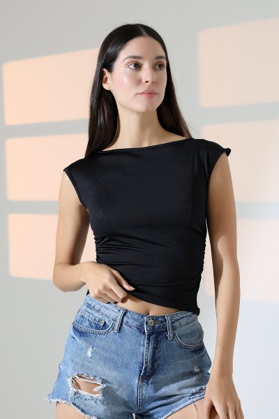 Kayık Yaka Japone Kol Büzgülü Basic Kolsuz Kadın T-Shirt 21895 SİYAH