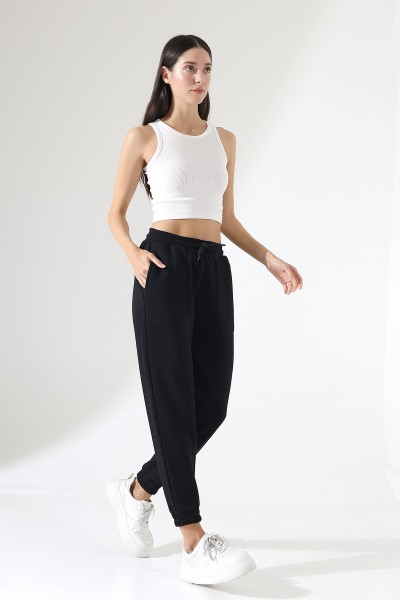 Paçası Lastikli Ayarlanabilir Belli Karyoka Dikiş Detaylı Basic Kadın Eşofman Pantolon 21936 SİYAH