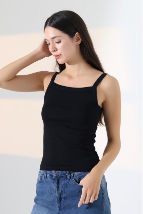 Ribana Kumaş Kare Yaka Kalın Askılı Biyeli Basic Kadın Atlet T-Shirt 22018 SİYAH